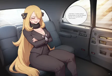 score_9,score_8_up,score_7_up, <lora:FakeTaxiMeme_XLPD:0.9> fake taxi, car interior, sitting, ground vehicle, <lora:pkmncynthia-pdxl-nvwls-v1:0.9> defCyn, very long hair, hair over one eye, hair ornament, fur collar, cleavage, black gown, long sleeves, black pants,  closed eyes, smug, open mouth, blush, speech bubble, crossed arms, arms under breasts,