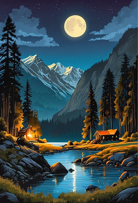 A captivating night scene illustration featuring a beautiful scene of the great out doors in the pacific northwest..   There are great mountains, pine forests, and rivers and some log cabions. It is an outdoorsman's dream.  This enchanting artwork captures a serene and peaceful night, where the moon is just starting to rise over the beautiful landscape  of The Pacific Northwest, creating a cinematic experience., illustration, cinematic
<lora:DonM3t3rn1tyXL-v1.1:0.7>, DonM3t3rn1tyXL,
OverallDetailXL  <lora:MJ52:0.3>  <lora:SDXLFaeTastic2400:0.4>  <lora:EpicF4nta5yXL:0.7>