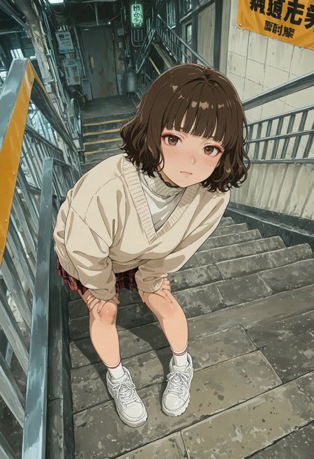 masterpiece, best quality, amazing quality, very aesthetic, absurdres, newest, scenery, anime coloring,
1girl, solo, short hair, wavy hair, brown hair, blunt bangs, brown eyes, detailed eyes, red eyeshadow,
beige cardigan, turtleneck sweater, v-neck sweater, striped trim, oversized sweater, plaid skirt, red skirt, bare thighs, thigh socks, white socks, white sneakers, platform sneakers, lace collar, 
train station, railing, stairs, banners, 
street fashion, high-angle view, posed, leaning forward, hands on thighs, looking at viewer, from above,