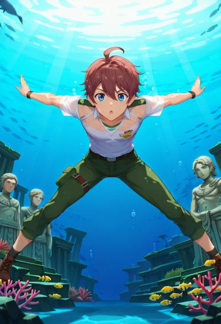 masterpiece, best quality, intricate details, anime screencap, , , , , 1boy, solo, male focus, <lora:seto_aihara_ilxl:0.98>, seto_aihara, brown hair, blue eyes, short hair, ahoge, uniform, underwater ruins, coral growth, schools of fish, ancient statues, swimming pose, curious expression, filtered light, MustardYellow Cargo pants with zip-off legs, Mesh jersey, , ,