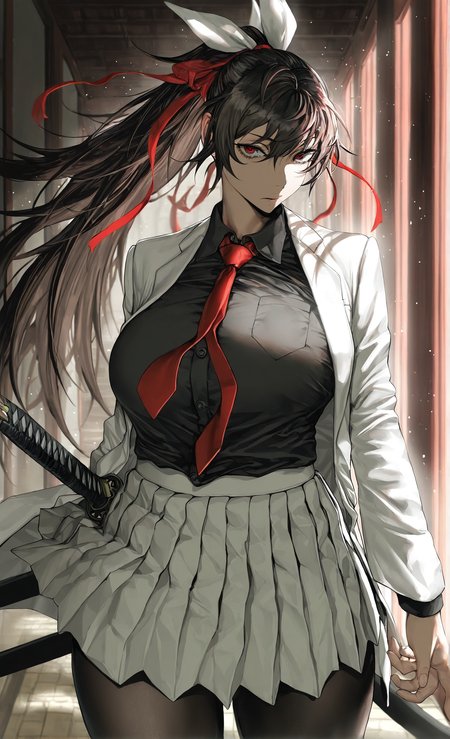 IllusP0s, Smooth Quality,
black hair, black pantyhose, black shirt, white blazer, open jacket, breasts, brown eyes, brown hair, collared shirt, hair ornament, hair ribbon, hayurizahardv3, 1girl, katana, long hair, looking at viewer, necktie, pleated skirt, ponytail, portrait, red eyes, red necktie, shirt, solo,
(watanabe wataru:0.75), (au \(d elete\):0.4), (lulu95402099:0.6),
<lora:HaYuriZahardV3:0.8>
<lora:watanabe_wataru:0.75>
<lora:Au_(D_Elete)-ill-Fandingo:0.4>
<lora:cfg_scale_boost:0.5>
<lora:lulu-e62_s930:0.66>