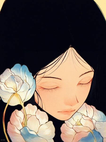 score_9, score_8_up, score_7_up, score_6_up, score_5_up,  <lora:HaranikalaXLP:1> hara, 1girl, solo, closed eyes, black hair, portrait, black background, flower, close-up, simple background, eyelashes