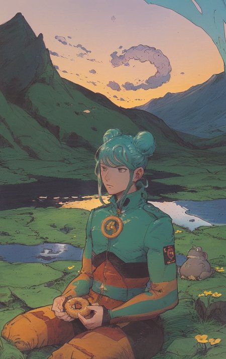 artwork <lora:Moebius:1>, outdoor at dusk, 1man 35yo (Baldvin Gunnarsson:1.3), Donut Bun hair do a unzip, meadows, crevasse,toad,mountain silence