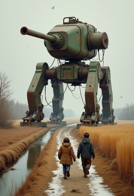 Detailed, masterpiece, professional, paint of soviet traditional children rear view walking next to a crop field, a dirt trail, a river, some snow patches on the ground, early winter, at a distance stands an old rusty broken giant mechanical quadripedal feet war machine with wires hanging and a artillery canon and green paint, bulky body, inspired by Jakub Rozalski