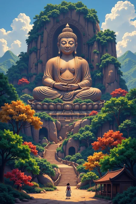Leshan carved Giant Buddha in China beautiful anime landscape, noon, woman, very intricate, very detailed, sharp, bright, colorful, <lora:Hand v2:0.5> <lora:Anti-Blur:1><lora:Insane Detail Slider:0.25>  <lora:flux.1_lora_flyway_Epic-detail_v2:0.3> <lora:fluxenhancer:0.25> <lora:ROWER:0.6> <lora:flux-charmer-v1-1:0.4> <lora:Cute hand-drawn illustrations:1> OBqpsh