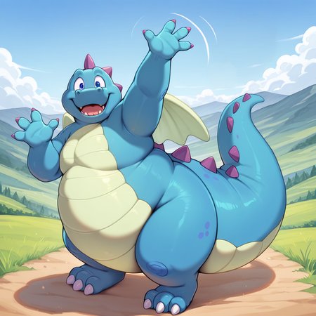 masterpiece, best quality, newest, absurdres, highres, safe,  <lora:Ord_Dragon_Tales_-_IL:1> ord, dragon, blue skin, light green wings, light green belly, chubby, fat, purple spikes, flying, cute pose, waving, looking at viewer (((shaded))), ((detailed)), ((vibrant)),  detailed background,<lora:NOOB_EPSv1_1_detailer_by_vlnvk_v1_0:1>