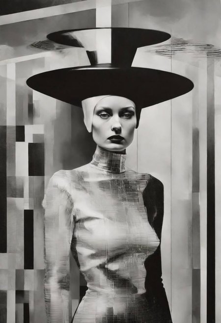 Monochrome black and white, Dali, Magritte, Delvaux, Bellmer, Malevitch, Rodchenko, Mondrian, Kandinsky, Popovna, psychedelic hallucination, pop surrealism, rough crosshatch drawing pop art Lunatic_Portrait of a young woman in latex Avant-garde Fashion page, slick back, low bun, black makeup, sinister expression, intense glare, avant-garde, abstract, weird, geometric, constructivism, suprematism, rayonism, verticism, lineism, tj