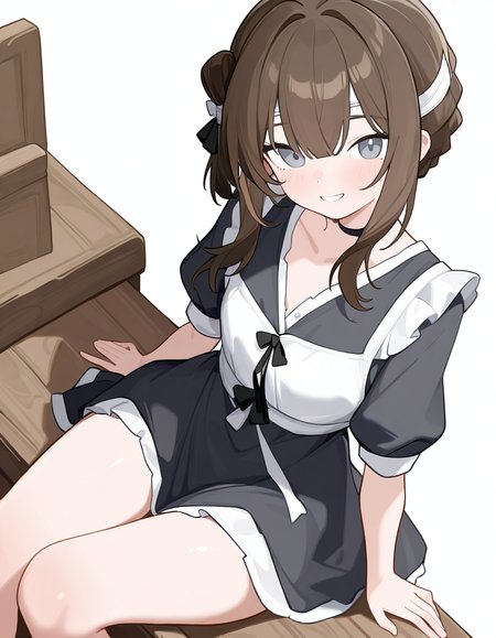 1girl,simple background,white background,cowboy shot,manshui,solo,(maid:1.1),looking at viewer,smile,<lora:manshui-000016:1>,medium hair,sitting,alternate costume,, masterpiece, best quality, very aesthetic, absurdres,newest, incredibly absurdres,