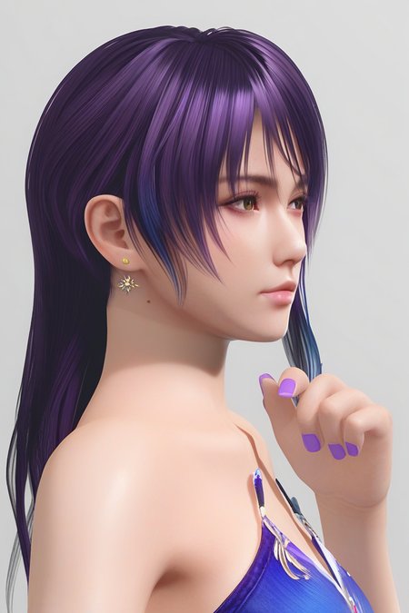 score_9,score_8,score_7_up,ultra detailed,realistic,
shandy \(doa\), 1girl, solo, looking to the side, closed mouth, hand up, clenched hand, purple hair, long hair, swept bangs, asymmetrical hair, single sidelock, purple-blue gradient sidelock, ((mole under ear)), bare shoulders, collarbone, purple nails, nail polish, 
from side,close-up, portrait, 
back lighting,dark background,
 <lora:doa_shandy_pdxl_v16:0.85>