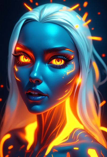portrait of a head, female figure with vibrant, glowing effects. Her face and part of her torso are illuminated with bright orange-yellow hues that give off an intense glow, reminiscent of neon lights or fire. The rest of the skin tone is a mix of cool blue tones, contrasting with the warm glow on the central area of her head and neck.  She has long, flowing white hair that cascades over her shoulders. Her eyes are wide and glowing orange-yellow, matching the brightest areas on her face. The woman is looking directly at the viewer, with a slight tilt to her head.  The figure's makeup highlights her features, with prominent eyelashes and contoured facial lines that accentuate her cheekbones and jawline. Her lips are slightly parted, as if she is in the midst of speaking or singing.  Her body is adorned with numerous smaller orange-yellow sparks or particles that emit from various parts of her neck and shoulders, suggesting a magical or futuristic theme. The background is dark and out of focus, which keeps the viewer's attention on the glowing subject in the foreground.  Overall, the image combines elements of fantasy, technology, and beauty to create an otherworldly yet familiar figure that seems to be a digital representation of a humanoid being with advanced or otherworldly capabilities.   <lora:art and styles/Arcane_Glow_FLUX:0.7>, mad-arcnsmbls, <lora:flux/ARTifacts:1.0>, <lora:flux/flux_realism_lora:1.0>, <lora:flux/Sinfully_Stylish_.02_for_FLUX-000002.safetensors:1.0>,