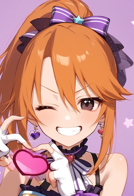 1girl,
yuuki haru,


heart, hands up, solo, smile, heart hands, black eyes, light blush, choker, grin, bow, bare shoulders, hair ornament, blush, jewelry, fingerless gloves, frills, earrings, orange hair, idol clothes, white gloves, looking at viewer, gloves, purple choker, ponytail, v-shaped eyebrows, frilled choker, single fingerless glove, upper body, one eye closed, purple background, star \(symbol\),

sfw
<lora:a31_char_new_yuuki_haru-000014:1> <lora:a31_style_koni-000010:0.8>