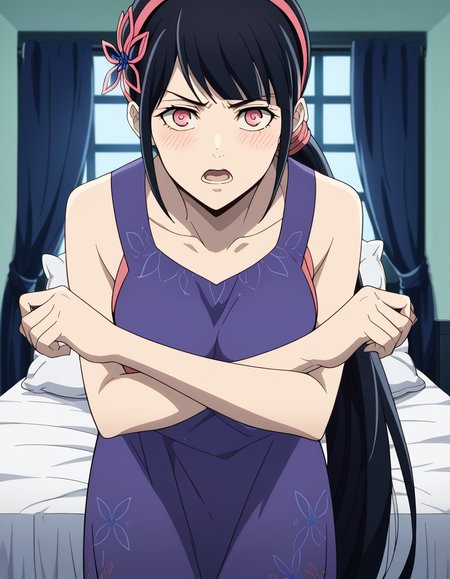 score_9, score_8_up, score_7_up, source_anime, <lora:yihwa-yeon-s2-ponyxl-lora-nochekaiser:1>, yihwa yeon, long hair, bangs, black hair, hair ornament, pink eyes, very long hair, hairband, large breasts,, dress, ponytail, purple dress, bedroom, bed, pillows, nightstand, window, , <lora:x-arms-ponyxl-lora-nochekaiser:1>, x arms, blush, open mouth, leaning forward,, looking at viewer, solo,, dutch angle, cowboy shot