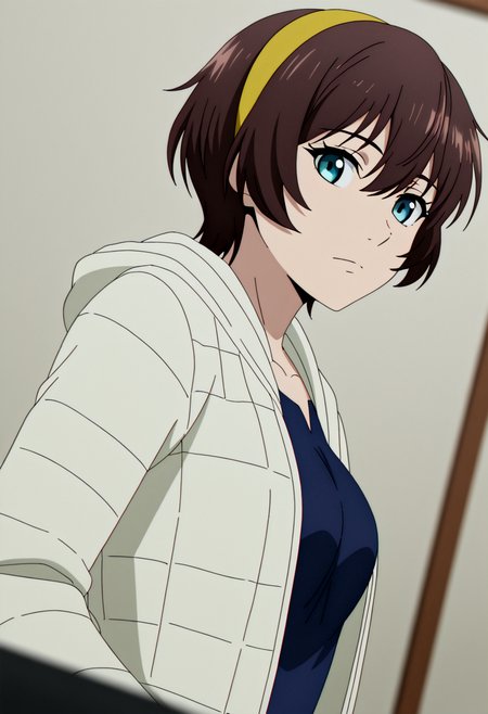 <lora:Yuu_IL_V3:0.9>,masterpiece, best quality, newest, highres, absurdres,no lineart, no outline, detailed, looking at viewer, solo, chromatic aberration, white theme ,limited palette,tenebrism,close up, depth of field.,
Yuu_WhiteJacket, 1girl, brown short hair, hair between eyes, blue eyes, medium breasts, yellow hairband, jacket, long sleeves, hood,