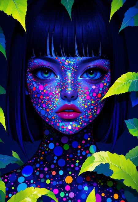 A hyper-realistic, low-key lighting, close-up digital illustration of a woman’s face, her skin entirely transformed into a glowing grid of minute neon dots and lines, each dot precisely equal in size, covering all areas except her eyes and lips. Her hair is styled in a sleek, structured bob with a bowl cut and sharp bangs framing her face. Neon dots and lines—vibrant electric blue, neon pink, lime green, and violet—are meticulously arranged, forming a seamless, radiant mesh that contours naturally along her cheeks, forehead, and jawline, emphasizing her bone structure with a digital glow. Her untouched eyes are richly detailed, deeply expressive, and subtly reflective, drawing focus against the luminous pattern, while her lips, realistically textured in natural hues, stand out vividly. The minimalist background features a dark gradient that gently fades outward, with bright green leaves at the edges for a soft organic contrast. Carefully placed lighting enhances the neon glow of the dots, casting delicate shadows to add depth to her features, balancing her futuristic, ethereal skin with an organic, high-tech aesthetic. (3pic_vist4, anime_martz, niji_flux, aidmaimageupgrader)