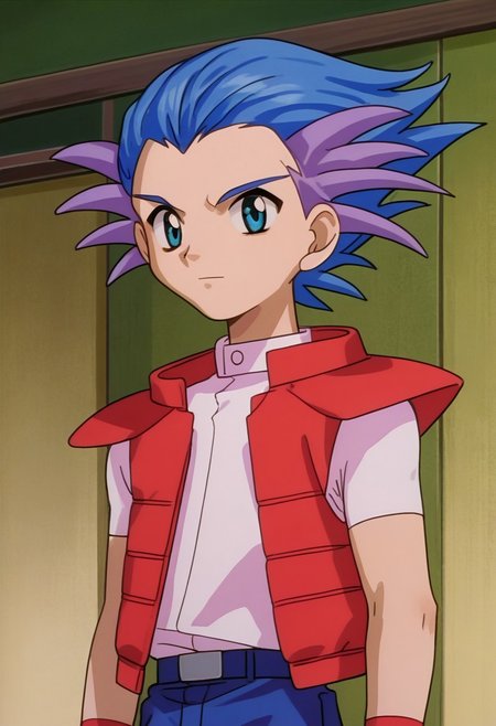 score_9, score_7_up, source_anime, 
rabioli, 1boy, male focus, solo, blue eyes, multicolored hair, blue hair, purple hair, spiked hair, shirt, pink shirt, short sleeves, jacket, red jacket, sleeveless jacket, open jacket, open clothes, wristband,
indoor,