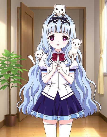 general,highres, ultra-detailed,very aesthetic,best quality ,best hands,  BREAK <lora:Watayuki_BP_IS:1>Watayuki(BP), 1girl,solo, hairband, very long hair, hair bow, purple eyes,  hair intakes, light blue hair, blunt bangs, wavy hair,
thighhighs, school uniform, skirt, white thighhighs, bow, zettai ryouiki, ribbon, blue skirt, light smile,
short sleeves, shirt, open mouth,  white shirt, puffy sleeves, looking at viewer, miniskirt,
three animals,  white_ferret,  animal on shoulder, on head, 
home in the room, flooring, plant,