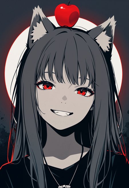 masterpiece, best quality, amazing quality, very aesthetic, absurdres, newest, cvle01, 1girl, solo, (minimalism:1.2), flat-colors, flat-shading, monochrome, spot-color, holo, spice-and-wolf, wolf-ears, wolf-tail, red-eyes, smile, grin, head-tilt, apple-theme, facing-viewer, portrait, abstract-background, two-tone-background, gradient-background, detailed hair, volumetric lighting, realistic-lighting,