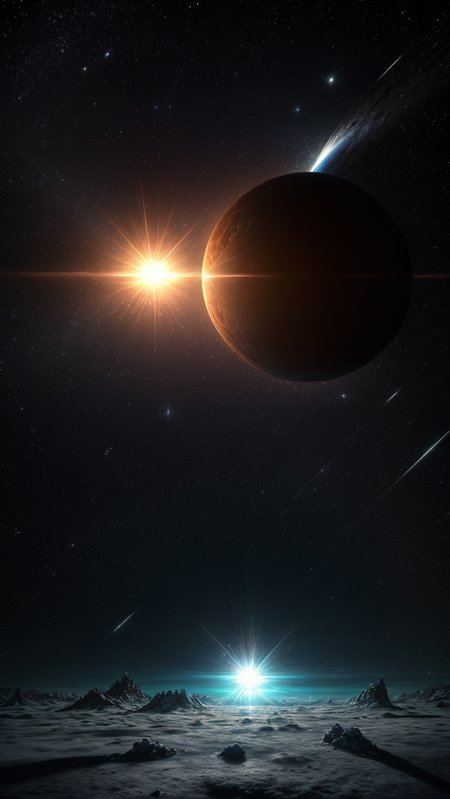 The starry sky, (detailed realistic background:1.33), ray tracing, BREAK
full shot, full body, full body view, BREAK
The final eclipse,  3D illustration of science fiction scene, astronaut viewing solar eclipse from mountain surrounded by asteroids in space, weightlessness
more stars, more ice
<lora:more_details:0.7>
<lora:epi_noiseoffset2:0.5>
<lora:DarkIncursioStyle:0.8>, ((masterpiece, best quality), ultra realistic 8k), UHD, HDR, high resolution, (cinematic look), cinematic lighting, soft cinematic light, cinematic bloom, soothing tones, insane details, abundant details, intricate details, hyperdetailed, photorealistic, realism pushed to extreme, incredibly lifelike, highest quality, detailed background, dramatic lighting, sharp focus, BREAK, ((intricate details)), hdr, ((intricate details, hyperdetailed)), extremely high-resolution details, BREAK