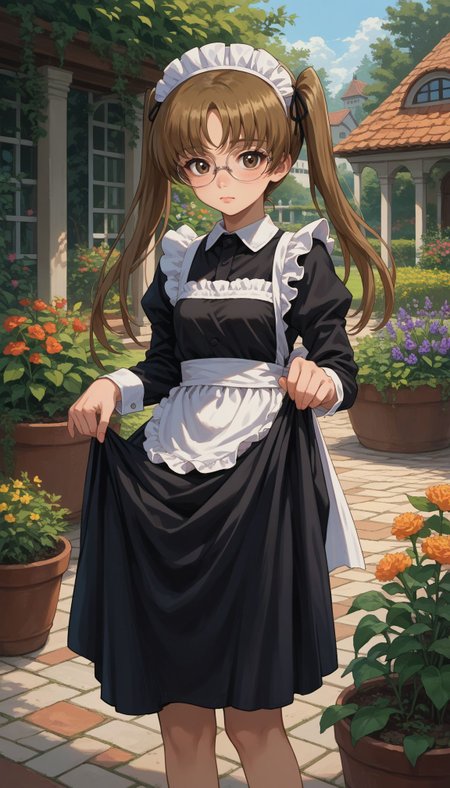 score_9, score_8_up, score_7_up, source_anime,
<lora:GUPAya :1>, GUPAya , 1girl, glasses, twintails, brown eyes, brown hair, long hair, maid, maid headdress, black dress, garden, standing, skirt hold,