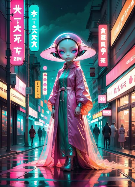 Ombre color scheme of neon pink, neon blue, neon yellow, neon green, neon orange, hyperrealistic art  <lora:sss:0.6> cute Japanese (alien:1.3) anime, neon lights, foggy night, stunning (full body shot) anime art by (Mark Ryden:1.1) <lora:Nicoletta_Ceccoli_2:0.4> Nicoletta Ceccoli <lora:another-bored-monsters:0.65> fx-monsters <lora:AnotherBoredDetailXL:0.7>,  <lora:70s_Sci-Fi_Art_XL:0.8> <lora:g0th1cXL:0.8> g0th1cxl, glowing, neon . extremely high-resolution details, photographic, realism pushed to extreme, fine texture, incredibly lifelike, subsurface scattering, Photorealistic, Hyperrealistic, analog style, realistic, film photography, soft lighting, heavy shadow