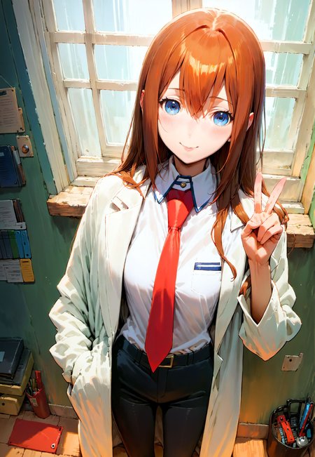 (score_9,score_8_up,score_7_up,score_6_up,score_5_up,score_4_up, source_anime, eerie:1.2),  from above, amazing artwork of  (Makise Kurisu, brown labcoat, blue eyes, brown hair, red necktie, mature, medium breasts, detailed eyes, slight smile:1.3) (standing sideways:1.2), (makes peace-sign:1.1), looking at viewer, pov, solo.
, high contrast, fluorescent colors, inside lab, detailed background, computer screens, white wall, sunshine, open window
<lora:xl_more_art-full_v1:1.5>,    <lora:add-detail-xl:0.8>,    <lora:Makise_Kurisu_v10-000002:1>