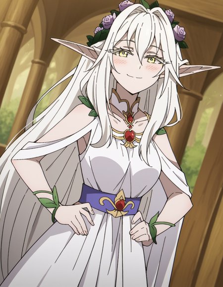 score_9, score_8_up, score_7_up, source_anime, <lora:forest-princess-s2-ponyxl-lora-nochekaiser:1>, forest princess, long hair, hair ornament, hair between eyes, yellow eyes, white hair, flowers, pointy ears, hair flower, rose, hair intakes, elf, medium breasts,, dress, collarbone, white dress,, indoors, bed, bed room, on side, blush, drunk,, smile, looking at viewer, smug, hands on hips,, solo,, cowboy shot, dutch angle