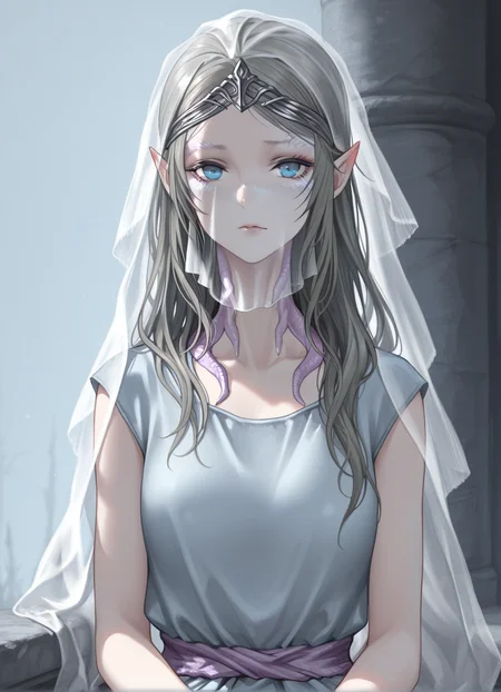 masterpiece, best quality,1girl,upper body, yorshka, solo, long hair, blue eyes, dress, pointy ears, looking at viewer,veil,sitting,   <lora:Yorshka:1>