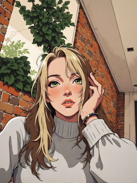 Beautifully detailed and vibrant illustration of a person with long, wavy blonde hair. The individual has striking green eyes that stand out against the lighter tones of their skin. Their expression is neutral, with a slight hint of intensity or contemplation.
The person is wearing a white top with a high collar, which adds to the overall sense of style and elegance. They are accessorized with a bracelet on one wrist, which complements their outfit and adds a touch of detail.
The background features a brick wall with some plants visible, suggesting an indoor setting. The lighting in the image is soft and natural, highlighting the texture of the person's hair and the details of their clothing.
Overall, this illustration captures a moment of quiet beauty and introspection, with the combination of the person's attire, the soft lighting, and the detailed rendering creating a visually engaging and memorable scene. The use of color and composition adds depth and character to the artwork, making it a powerful and evocative piece.
j_art, anime, anime art, <lora:FLUX\jul\J_Anime:1.0>, <lora:FLUX\Anime Art V3:0.1>, <lora:FLUX\RM_Artistify_v1.0M:0.1>, <lora:FLUX\RetroAnimeS1.1:0.1>
