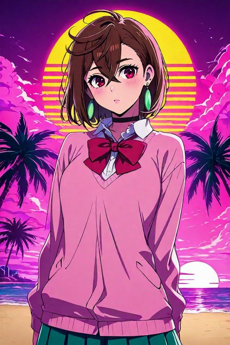 score_9, score_8_up, score_7_up, score_6_up, score_5_up, score_4_up,  <lora:ayase_momo-koto-Illustrious v01:0.8>, ayasemomo, hair between eyes, crossed bangs, green earrings,  brown hair, red eyes, black choker, short hair, white shirt, red bowtie,pleated skirt,school uniform, pink cardigan, long sleeveshair,, 1girl, solo, alone, <lora:Vaporwave_anime_style_illustriousXL:1>, vaporwave_style, vaporwave,  sun background, horizontal striped sun, palm tree,  pink cloud, beach, sand, sea, masterpiece, highres
