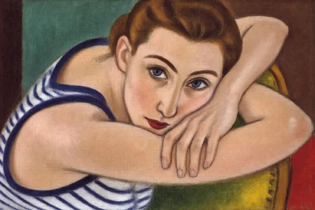 henrimatisse1 painting. 
Closeup of a woman wearing a striped sleeveless top, leaning on the back of the chair with her arms crossed. Her head is resting on her hand. She has striking blue eyes, and her brown hair is style in a vintage fashion. The background consists of a mix of green and brown colors.  <lora:henrimatisse1_f16e11:1.0><lora:870760611150053795:0>