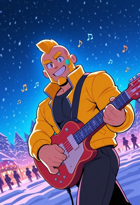 mbtiesfp, 1boy, blonde, short hair, black star on face,, yellow jacket, black shirt, looking at viewer, smirk, grin, happy, brawlStars, in the amusement park, pants, portrait, half body, upper body, blue eyes, shaved mohawk, source_cartoon, vector art, flat color, cel_shading, 2d, bara, manly, muscular, 3/4 view, night sky, aurora in the sky, snow, playing guitar, {{holding red electric guitar}}, in the concert, ((floating colorful muscial notes)), snowstorm, Side View, Pec focus, left view, warm lighting, with people walking background, {{colorful glowing musical notes}}, yellow eyebrows, yellow chin hair, facial hair, dutch angle, 2zdxxps