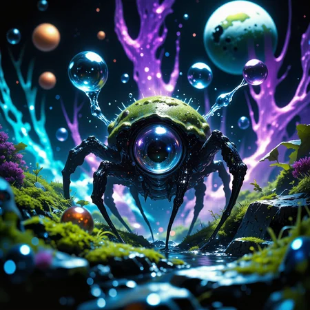 mystical and uncanny scenery on a distant world, award-winning macro photo, short depth of field, hyper realistic, ultra high definition, dim lighting, at night,  bioluminescence, subsurface scattering, the compact "many-eyed kardkirg" is a spherical, wobble-pronged lifeform no larger than a vogons skrunkleboop, thriving amidst the bubble-stalked hydroplume fields of planet "snorelab vii." covered in tiny, flexiloid cilia that shimmer with iridescence, the creature gently lofflewambles along the nutrient-rich vaporglades. it sustains itself by absorbing microdroplets released from the hydroplumes, creating an almost elminstered gnipfyturl as it feeds. the gardens are a surreal expanse of undulating, semi-transparent bubble-stalks that pulse with bursts of vapor, giving the entire environment a dreamlike, sproozifying ambiance, creature focus, very aesthetic, extremely detailed, ultra high resolution, 8k, 4k, harmonising colors, ivory and dresden blue and dark amethyst purple and fuchsia and teal and jet black, ovg, in the style of ck-ovf, amanoer, arsmjstyle, dnddarkestfantasy, aidmamj6.1, <lora:style-oneviolentfantasy-ep21-flux-by_chronoknight:0.52> <lora:style-yoshitaka_amano-elden_ring-flux-by_alicient:0.48> <lora:style-dnd_dark_fantasy-flux-by_arsmachina:0.64> <lora:midjourney_61-v0.5-flux-by_aidma:0.68> <lora:faetastic_details-flux-by_faeia:0.56>