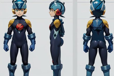 (masterpiece, official art, simple background, full body, standing, chara-sheet), best quality, megaman, (blue footwear, boots), (blue headwear, helmet), (indigo bodysuit:1.5), covered collarbone, yellow pauldron, blue gloves, green eyes, looking at viewer, male focus, open mouth, smile, muscular, large pectorals, thick thighs
