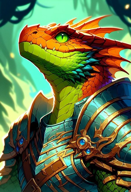 score_9, score_8_up, score_7_up, lizardfolk, metal armor, Flashfire glowing runes blue and green,