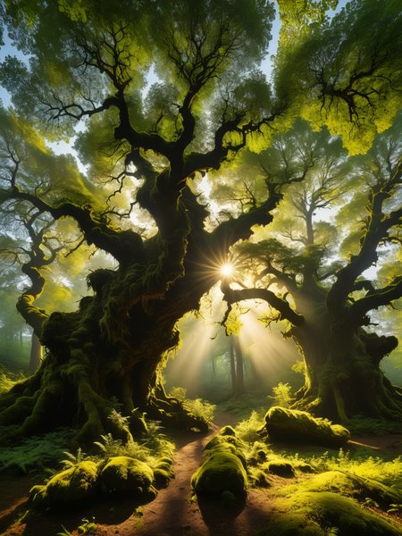 Sun-dappled forest, ancient moss-covered trees, boy's silhouette, wide-angle panoramic perspective + multi-layered depth, every leaf telling a story, emphasize texture, natural patterns + ultra-realism + golden hour glow, drone shot + macro details + nature sounds + IMAX + Dolby Vision + 4D Experience + Emmanuel Lubezki, ((enveloping nature)).
<lora:xl_more_art-full_v1:1>