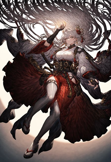 1girl, graycolor_full, <lora:lora-000015.TA_trained:1>, fullbody,
red hakama, white kimono, 
<lora:DetailedEyes_V3:1> <lora:detailed_hands-000002:1> hand