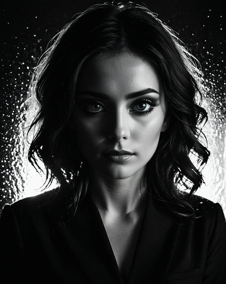Silhouette style woman,  low light, dramatic lighting, darkness, window lighting, eye lighting, water, black background,  <lora:S4ndr4_mo6:0.75> S4ndr4 . High contrast, minimalistic, black and white, stark, dramatic
