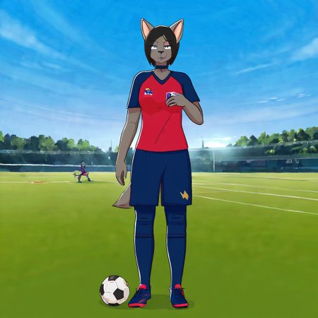 1r15,1girl,solo,furry,furry female,black hair,short hair,black hair,blue eyes,animl nose,snout,choker,body fur,grey fur,tail, soccer uniform, soccer, full body, soccer field, soccer ball