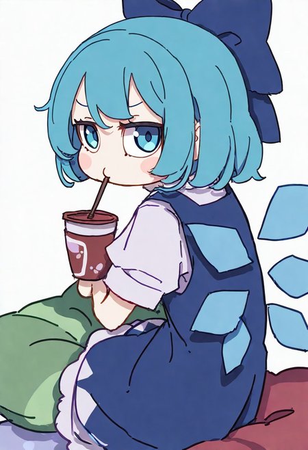 masterpiece, best quality, newest, absurdres, highres, safe, cirno \(touhou\) fumo \(doll\), artist: kame \(kamepan44231\), 1girl, blue eyes, blue hair, short hair, hair bow, blue dress, blue bow, ice wings, wings, ice wings, fumo on a throw pillow and drinking boba