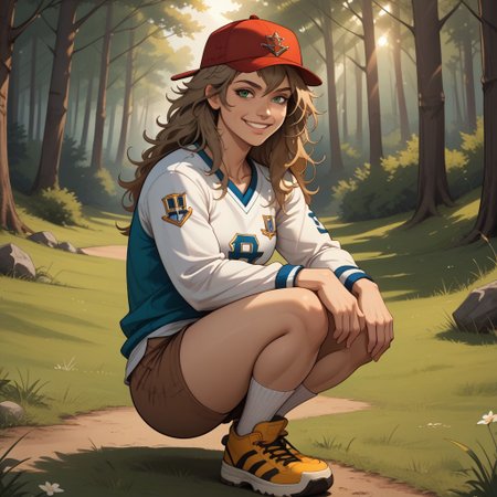 score_9, score_8, BREAK, solo, TD, dirty blonde hair, green eyes, hockey outfit, red hat, 1girl, yellow shoes, white socks, messy hair, long hair, sleeves, brown shorts, sexy pose, self portrait, smile, outdoors, sunlight, shadows, evening lighting, natural lighting, forest, trees, grass, orange sky, sunset