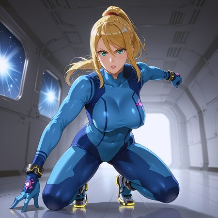 takeda hiromitsu style, source_anime, anime screencap, uncensored, dynamic angle, dynamic view, takeda hiromitsu style, dynamic pose, foreshortening, extreme perspective,
sole female, solo, 1girl, samus aran, blonde hair, swept bangs, long hair, ponytail, mole under left lip, turquoise eyes, zero suite, blue body suit, blue gloves, metal bracelets, sagging breasts, medium breasts, skintight, fully dressed, action pose, dynamic pose, determined, superhero landing, dynamic pose, holding gun, complex background, detailed background, inside giant spacecraft, outer space in window, multiple galaxies in the background, giant view of space, giant window with a view of space, view of planets, view of stars, depth of field, blurry background, volumetric lighting, back lighting, side lighting, 3 point lighting, reflective floor, glossy floor, reflective interior,
<lora:takeda_hiromitsu_style_xl_goofy:1.0>, <lora:DynamicPose_alpha1.0_rank4_noxattn_100steps:3.0>, <lora:Superhero_landing:0.5>
