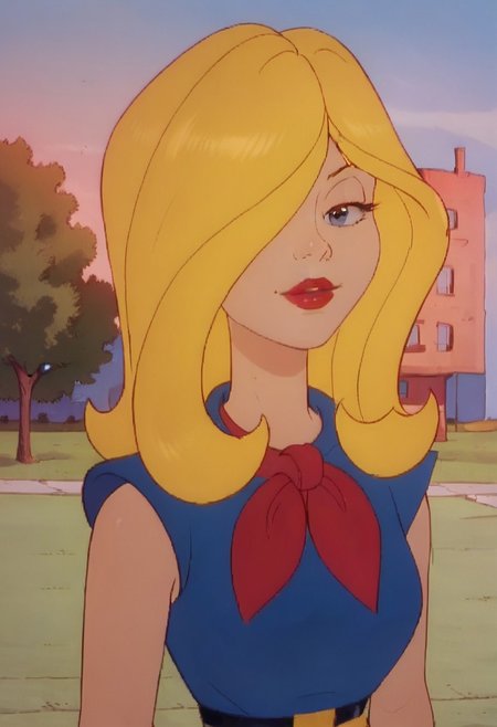 score_9, score_8_up, score_7_up, rating_safe, 1980s (style), retro artstyle
FA_Cindy_Collins, 1girl, blonde hair, long hair, hair over one eye, lipstick, red lips, blue dress, red neckerchief,
solo, standing, upper body, outdoors, Dynamic pose, trees, sky, cowboy shot, looking at viewer