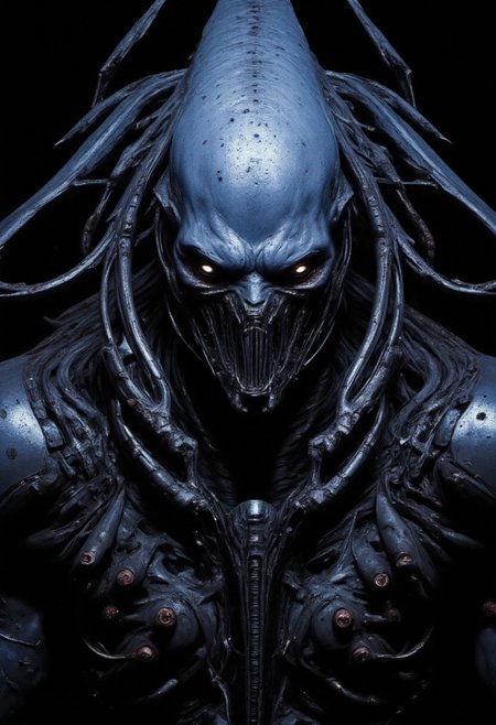 highly detailed and hyper realistic and dynamic.
This is a high-resolution image, likely created using advanced digital rendering software. The subject is an alien creature with a desaturated blue, smooth with moist pores, and almost metallic skin texture, giving it an otherworldly appearance. The creature has elongated, segmented limbs that appear to be part of its body armor, with intricate patterns and a dark, almost black coloration. The face is largely featureless except for two glowing, white eyes that are set deeply within the head, which is bald and smooth. The mouth is not visible, and covered by the huge an broad intricate metallic looking collar adding to the enigmatic and menacing presence of the creature. The lighting is dramatic, casting deep shadows that accentuate the alien's form and the intricate details of its armor. The background is pitch black, which contrasts starkly with the creature's skin, creating a high-contrast effect. The image is focused sharply on the creature, with no visible depth of field; the background remains completely out of focus. The aesthetic quality of the image is very high, with detailed textures and a realistic yet fantastical style. The image is reminiscent of sci-fi movie posters or concept art from films like "Alien" or "Predator," with a strong emphasis on horror and suspense. The creature's design suggests a menacing and formidable being, capable of evoking fear and awe in those who encounter it.