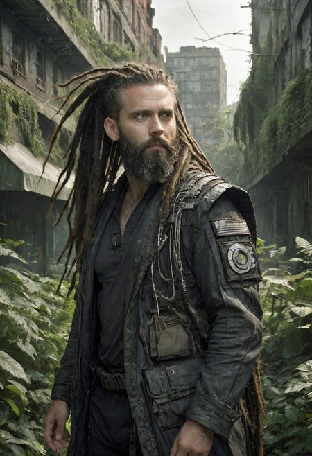 portrait of a bearded man, a lot of long dreadlocks with braids, old jacket, (in a post apocalyptic city overgrown with lush vegetation:1.3), by Luis Royo, by Greg Rutkowski, epic realistic, dark, gritty, intricate, volumetric lighting, volumetric atmosphere, concept art, octane render, trending on artstation, 8k, dynamic pose Artstation, made of intricate realistic white glowing circuits and robotic parts covered in polished obsidian and onyx plates, cinematic lighting, photo realistic