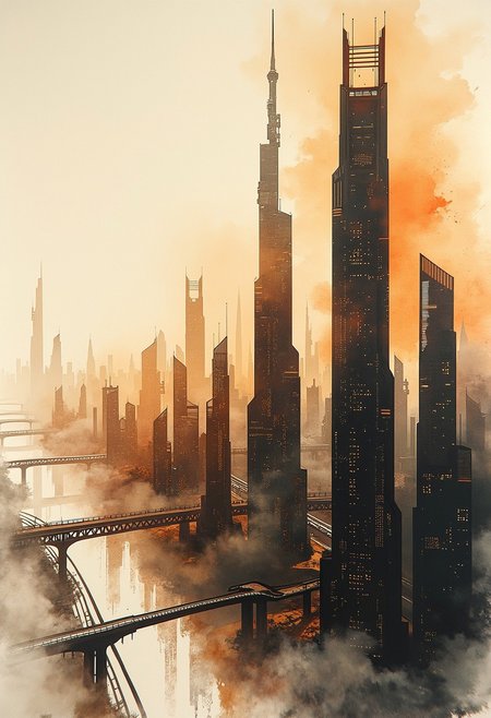 A sweeping cityscape unfurls across delicate rice paper, painted with expressive ink splashes and translucent watercolor washes. The skyline bristles with ultramodern skyscrapers—sleek, asymmetrical, and luminescent—rendered in layered tones of rich sepia, burnt henna, and jet ink. clear, gradient sky, diffused into the paper’s fibers. This piece blends classic East Asian ink painting aesthetics with futuristic precision—think Hokusai meets Syd Mead. Lighting is soft but radiant, as if internal energy pulses through the city’s veins. Emphasize broad brushwork, chaotic ink bursts, and delicate tonal transitions