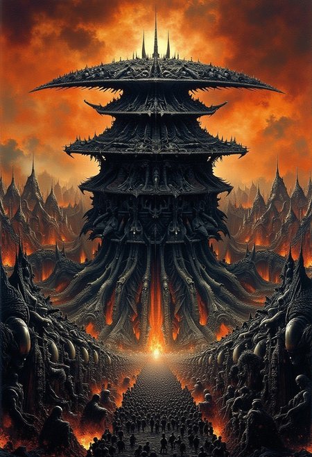 style of H. R. Giger, realistic painting, anime, well defined lines, cell shaded. waldobosch, hundreds of people, demons, hellscape, a large multiple tiered creature in the middle.