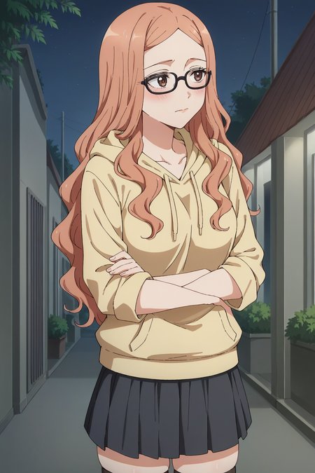 score_9, score_8_up, score_7_up, source_anime, 1girl, prefect lighting, very aesthetic, intricate details, highly detailed background, masterpiece, high quality, prefect hands, best quality, solo,
<lora:Rune_Dress_up_Darling_V1:.85>, KJOrune, peach hair, dark brown eyes, long hair, parted bangs, wavy hair, half-closed eyes, 
black framed eyewear, oversized hoodie, black skirt, thighhighs, zettai ryouiki, skindentation,
crossed arms, standing, looking to the side, embarrassed, heavy blush,
outside, night, storefront,
(Beautiful, medium Breasts:1.2), natural breasts,