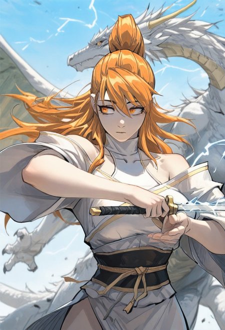 klskx ,  
masterpiece, best quality, amazing quality,
xiaoninger, 1girl, ponytail, long hair, orange hair, bangs, orange eyes, bare shoulder, breasts, collarbone, hair between eyes, white dress, kimono, sash, two tones dress, turtleneck, 
1girl, blurry, blurry background, animal, blue sky, dancing, day, depth of field, dual wielding, winged dragon, floating hair, winged dragon, lightning gale sword, hand lightning gale sword, holding, holding sword, windkinesis, outstretched arm, oversized animal, school of winged dragon, sideways glance, sky, solo, upper body, wind lightning, wide sleeves, wind