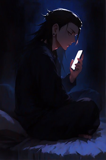 1boy, getou suguru, jujutsu kaisen, general, (screen light:1.3), holding phone, from side, sitting on bed, indian style, looking at viewer, expressionless, bags under eyes, dark night, silhouette, smartphone, pillow, hand up, glowing, brown eyes, masterpiece, best quality, very awa, newest, <lora:ponyv5_noobV065S_1_adamW-000013:1.00>