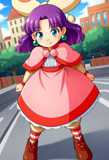 <lora:HyLper-Accelerate-PAseer:1> <lora:Fixhands_anime_bdsqlsz_V1:1>score_9, score_8_up, score_7_up, source_anime, intricate details, perfect anatomy BREAK
1girl, grandia-sue, purple hair, long hair, hair ribbon, blue eyes, green earrings, capelet, pink dress, grandia-sue outfit, striped socks, brown shoes,
 Curious, Chin tilted up slightly, eyes wide open, and a slight smile., outdoors, city, tokyo, dynamic pose, dynamic angle,
<lora:grandia-sue_XL(pony)v11:1>